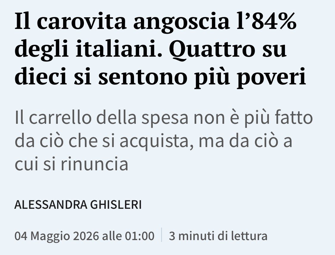 Frances99687883's tweet photo. Il #carovita è la prima preoccupazione per l’ 84,4 % degli italiani. Più della sanità,del lavoro,le tasse, la guerra e gli immigrati,angoscia il carrello della #spesa, più caro ma più ridotto per 1 famiglia su 3. Il 40,5% si sente più #povero rispetto ad un anno fa. #governofuffa https://t.co/jVarnpGEGm