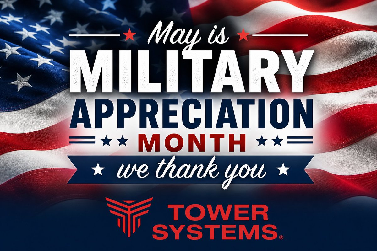 TowerSystemsInc's tweet photo. This Military Appreciation Month, we recognize and thank the men and women who have served and continue to serve our country.

#MilitaryAppreciationMonth #ThankYouForYourService #Veterans #TowerSystems #Respect #Service https://t.co/dsjH0xFKKn