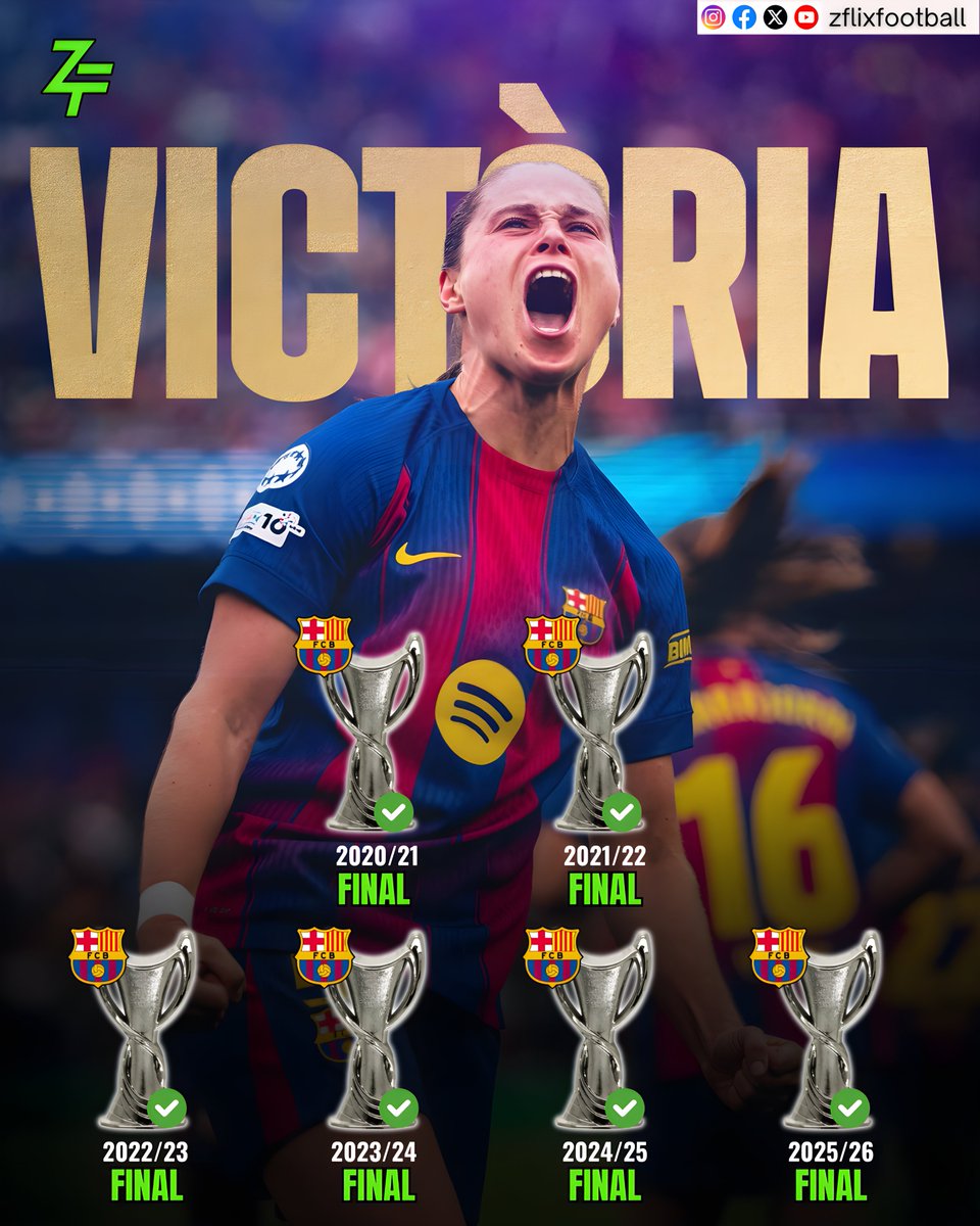 zflixfootball's tweet image. Barcelona reaches the Women's Champions League final for the 𝐒𝐈𝐗𝐓𝐇 consecutive time 🤯

➤ 2020-21 🏆
➤ 2021-22 🥈
➤ 2022-23 🏆
➤ 2023-24 🏆
➤ 2024-25 🥈
➤ 2025-26 ⏳
—
#Barcelona #WomensChampionsLeague #WCL #America #zflixfootball .....