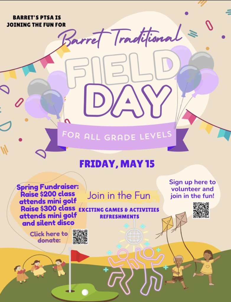 AmyStrite's tweet photo. It's almost Field Day @barretjcps!  There will be premium activities like mini-golf and a silent disco!  Check the graphic for details.   Donate today:  https://t.co/JnAZ1I29uY. It's going to be a great day on #TheHill! https://t.co/yVVJcyzodb