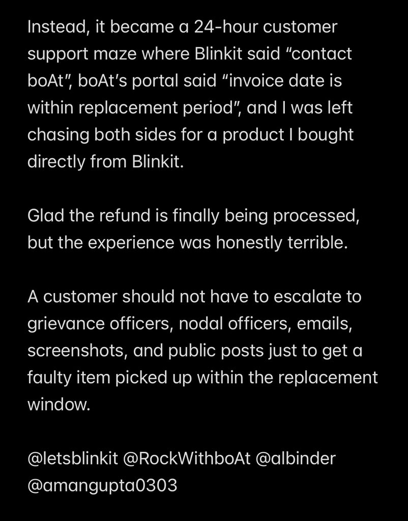 voldomomo's tweet photo. Update: Blinkit finally agreed to take back the faulty boAt speaker and process a refund after 24 hours of emails, grievance/escalations, screenshots, and public posting.

Before that? We can’t do anything!

No apology. No explanation. No compensation.

@letsblinkit @RockWithboAt https://t.co/srqIXn7Emh