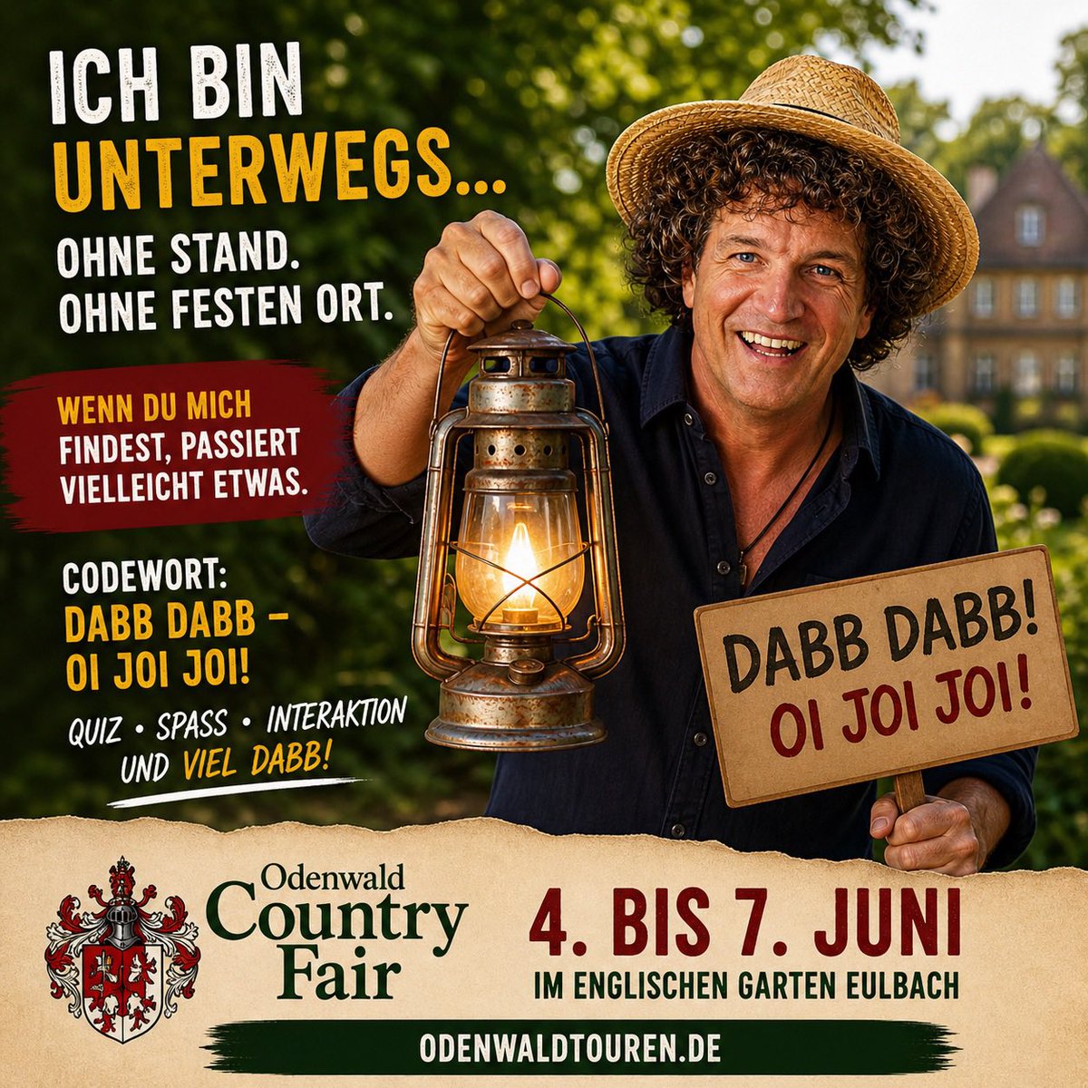 odwtouren's tweet image. Ich bin vom 4.–7. Juni auf der Country Fair im Englischen Garten Eulbach unterwegs.
Ohne Stand.
Ohne festen Ort.
Wenn du mich findest…
passiert vielleicht etwas.
#odenwald #country #fair #hessen #erleben