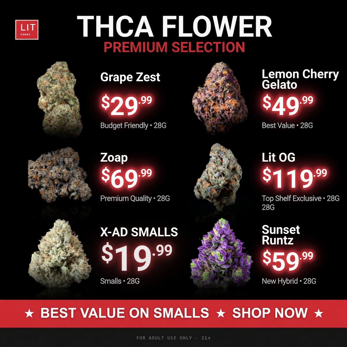 LitFarms's tweet photo. Loud. Sticky. Fire. 🔥 Real THCA.
Premium California craft flower, hand-selected from Essential to Supreme. Often imitated, never duplicated.
Nationwide shipping • Free over $125