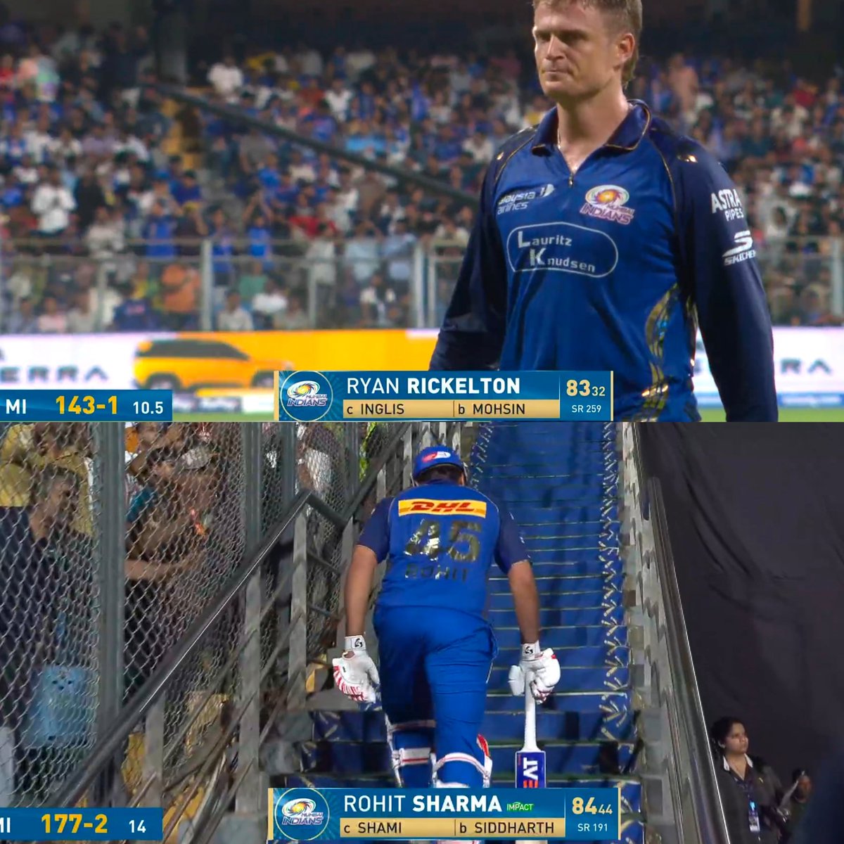 Shebas_10dulkar's tweet image. Two MI Players getting out on 80s in Same match

Ishan 84, Surya 82 v SRH (2021)
Rickleton 83, Rohit 84 v LSG (2026)*