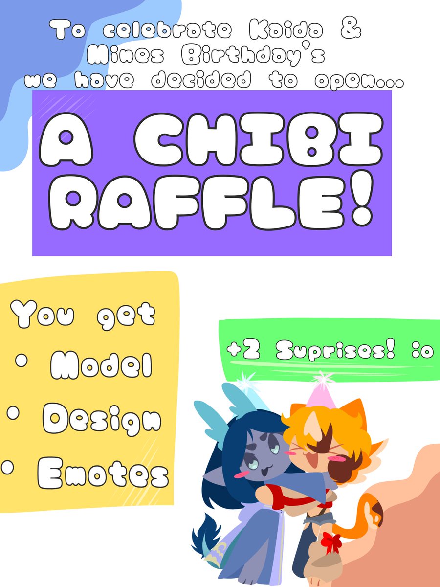 TigreAyayuki's tweet photo. Me and Kaida have decided to open a Chibi Raffle to celebrate our upcoming Birthday's!

~

You'll get:
- Chibi Model
- Design
- Emotes

+ x2 SUPRISES!!

Comment and Retweet to enter!! <3 
Deadline is May 10th! https://t.co/mog8Lz9iTj