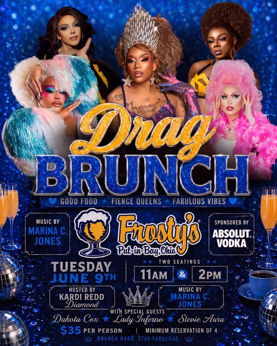 FrostyBar's tweet photo. Frosty Bar’s FIRST Drag Brunch 🌈 Tuesday, June 9 during Put-in-Bay Pride Week ✨
🎤 Kardi Redd Diamond
🎧 Marina C. Jones
💃 Dakota Cox, Lady Inferno &amp; Stevie Aura

🕚 11AM &amp; 2PM
💵 $35 + welcome drink 🥂
🎟️ https://t.co/zcJiDHio3y

#PutInBay #DragBrunch #PrideWeek #FrostysBar https://t.co/GYj0NVj9UN