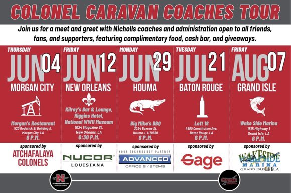 skliebert's tweet photo. COLONEL CARAVAN 2026 

FREE food, cash bar &amp; Nicholls giveaways! Meet coaches, staff, alumni &amp; Tillou ⚔️

📍 June 4 – Morgan City
📍 June 12 – New Orleans
📍 June 29 – Houma
📍 July 21 – Baton Rouge
📍 Aug 7 – Grand Isle

RSVP: https://t.co/rlpyT0vD69

#ColonelNation https://t.co/BhD8byeuvx