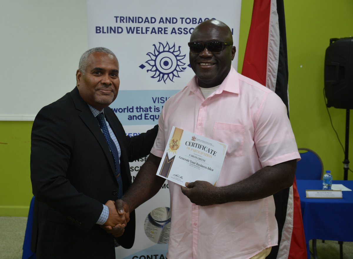LabourGovTT's tweet photo. The Ministry through its Enterprise Development Division provided training to 18 blind and visually impaired persons via its Pilot Entrepreneurship Training Programme for blind held at the Trinidad and Tobago Blind Welfare Association (TTBWA), Santa Cruz on Friday May 1st, 2026. https://t.co/oVZAulD5Pf