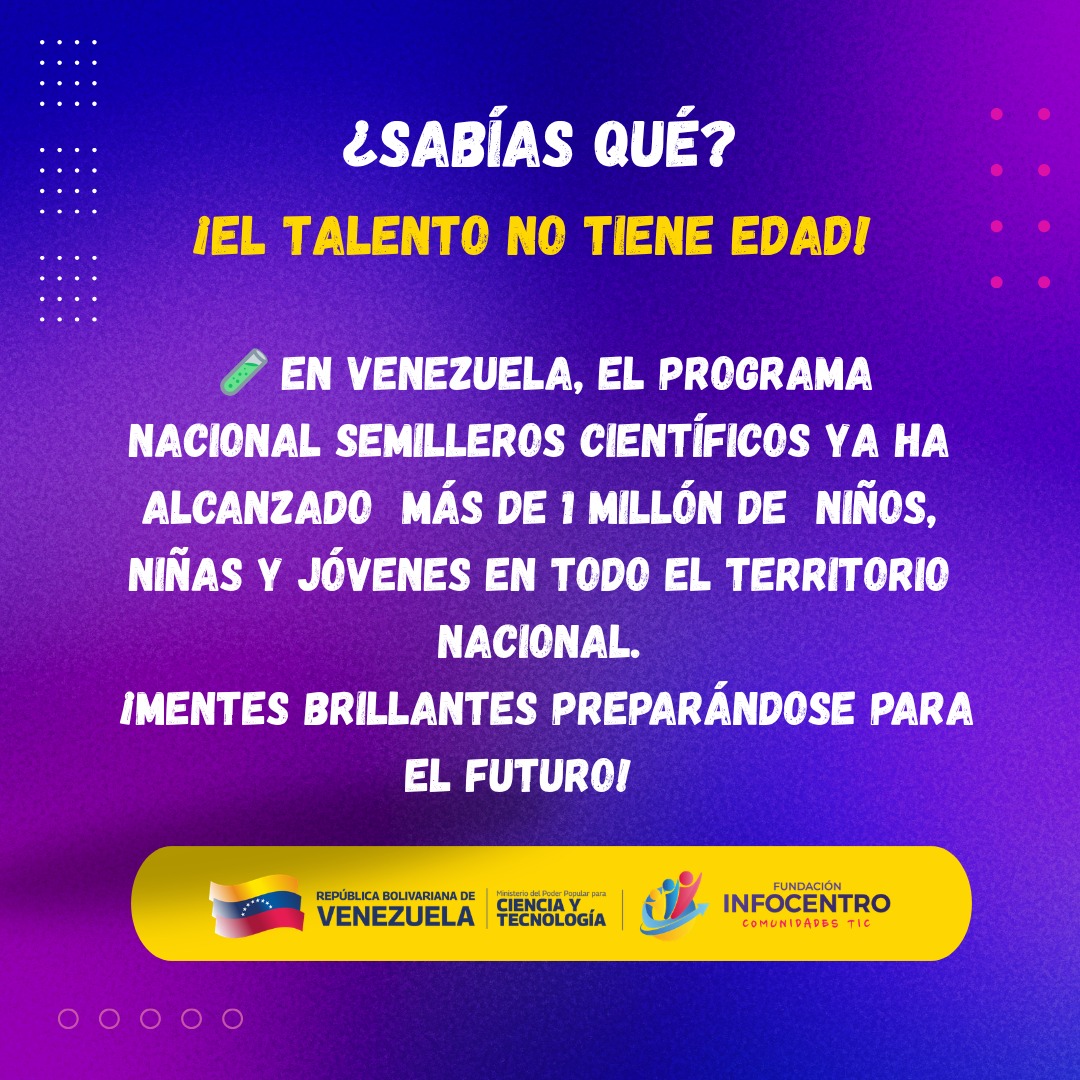 MirandaEnRed's tweet photo. ¿Sabías que el talento no tiene edad? 🧪 En Venezuela, el Programa Nacional Semilleros Científicos ya ha alcanzado a más de 1 millón de niños, niñas y jóvenes en todo el territorio nacional. https://t.co/KHmQ6HIOzk
