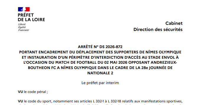 Pierre_B_y's tweet photo. Egalisation de la préfecture de la Loire qui publie aujourd'hui l'arrêté restreignant le déplacement des supporters nîmois à Andrézieux. Le match était samedi dernier. https://t.co/V8GzufVKex