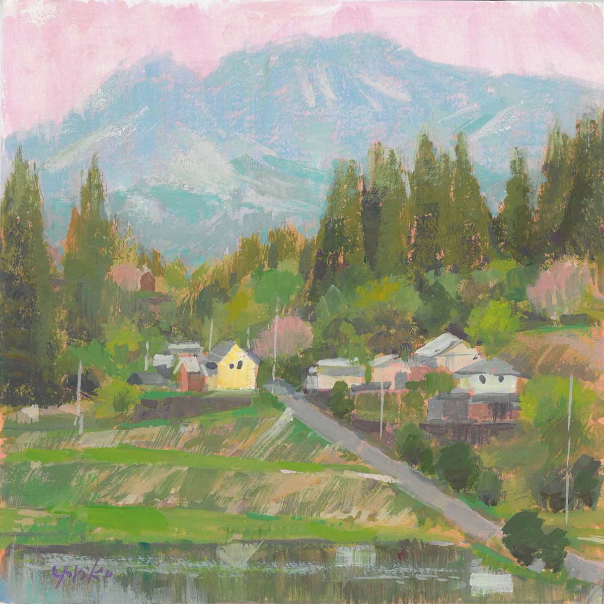 今竹田市長湯うたかたでの展示作品(グワッシュ、不透明水彩20x20cm)の