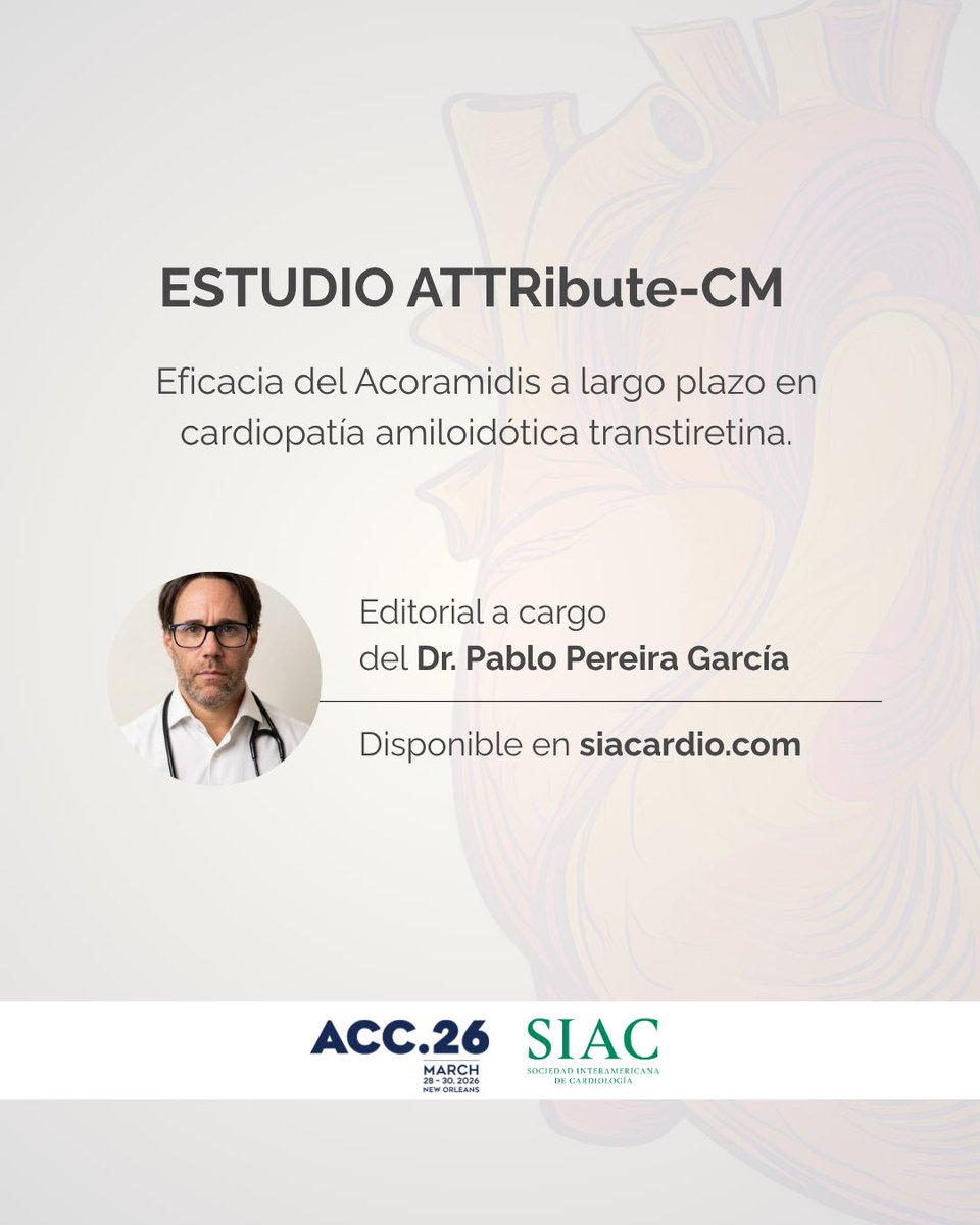 SIAC_cardio's tweet photo. 🫀 ESTUDIO ATTRibute-CM
Acoramidis en amiloidosis cardíaca por transtiretina: nueva evidencia a largo plazo.
📊 Análisis del Dr. Pablo Pereira García desde ACC.26
https://t.co/3vfqjSEZk4 https://t.co/Kn5U05bWoD