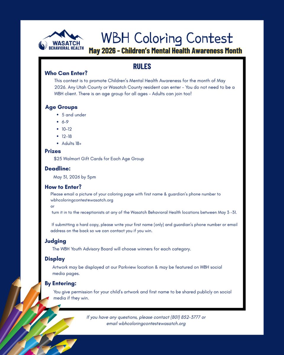 WasatchBH's tweet photo. COLORING CONTEST!
In honor of Children’s Mental Health Awareness Month, we’re hosting a Coloring Contest for ALL ages—yes, adults too, because it's a great activity you could do with your kids!
🖍️ Multiple age groups
🎁 $25 gift card for each category
https://t.co/Gd1rknCrnG https://t.co/afKVNkC6us