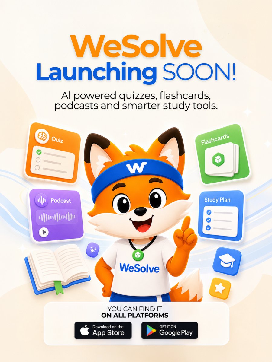 WeSolve_app's tweet photo. 🦊✨WeSolve is launching soon!   

📝 AI generated quizzes 🎴 Smart flashcards 🎧 Personalized podcasts 📚 Tailored study plans

📱 Coming soon to the App Store and Google Play!

Hit follow and turn on notifications so you don't miss launch day 🔔

#WeSolve #StudySmart #Studyapp https://t.co/1et0A68aka