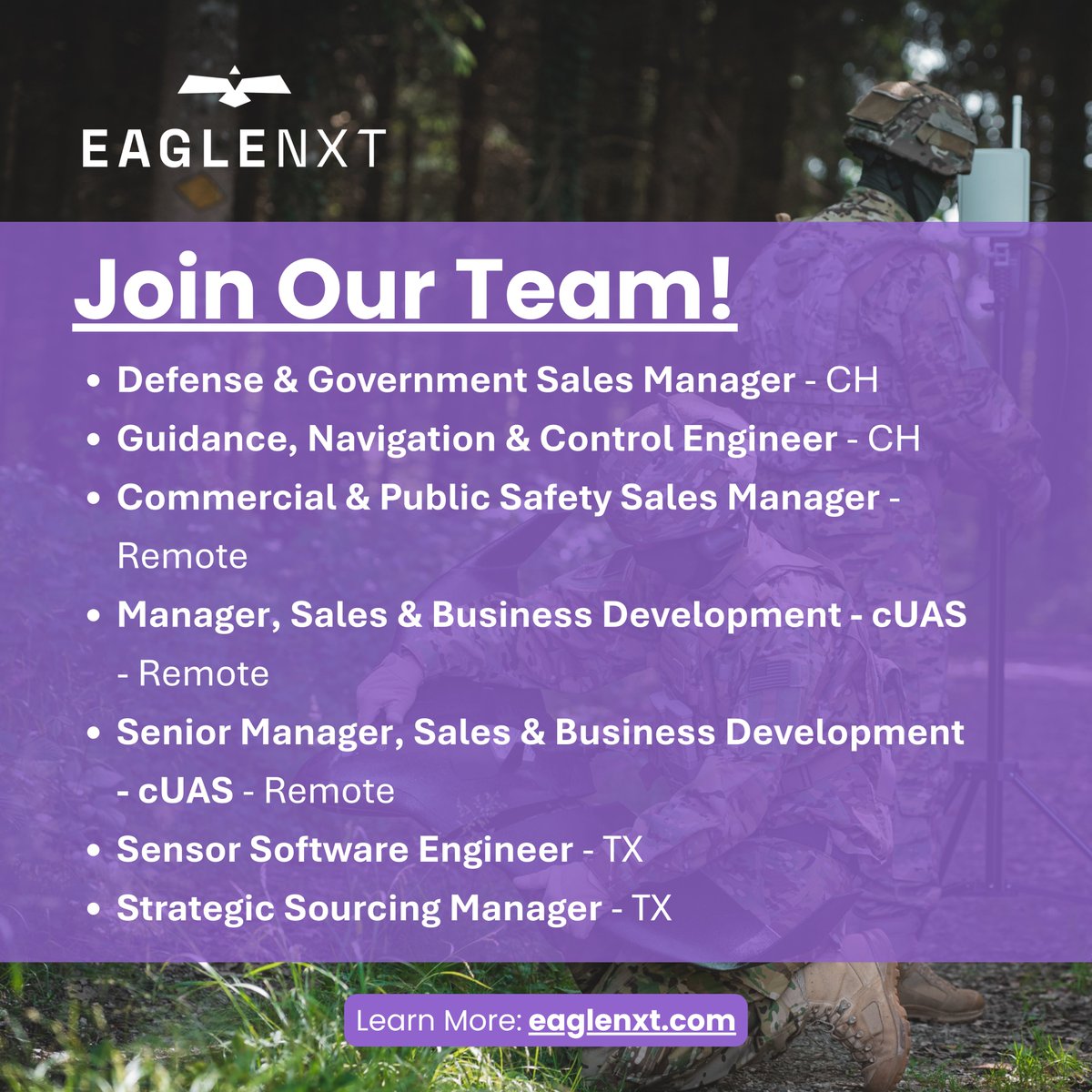 EagleNXT's tweet image. $UAVS is #hiring! We have open roles in Cheseaux-sur-Lausanne, Vaud, Switzerland, fully remote, and our new headquarters in Allen, Texas.

Learn more about our latest job openings and career opportunities: eaglenxt.com/about/careers