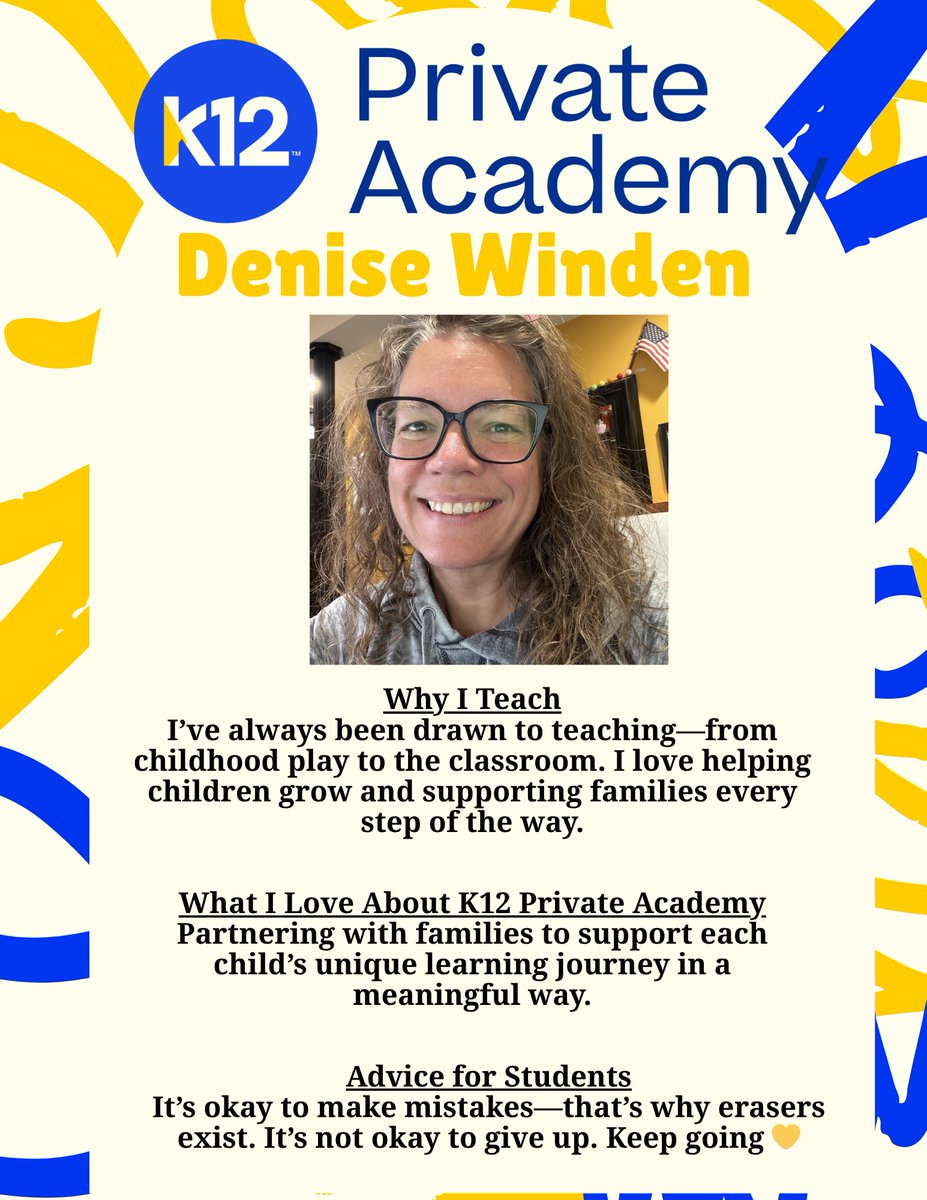 K12PrivateAcad's tweet photo. β¨ Teacher Appreciation Educator Spotlight β¨ All eyes on K12 Private Academy Lower School teacher, Denise Winden! Inspiring minds. Encouraging growth. Making a difference every day.
Weβre lucky to have you! π
#WeAreK12PA #TeacherAppreciation #EducatorSpotlight #InspiringMinds https://t.co/689qM5abQ6