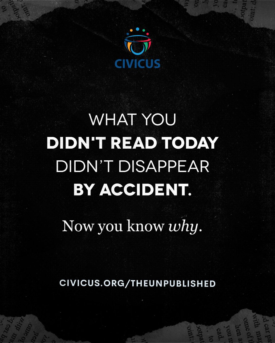 CIVICUSalliance's tweet photo. Every submission here is documented testimony from a journalist who chose to leave a record when every other form was blocked.
#TheUnpublished is a permanent record of that silence.
To every journalist who submitted, thank you.
https://t.co/8IN7X36Yra
#WorldPressFreedomDay https://t.co/wcm3oII9EC