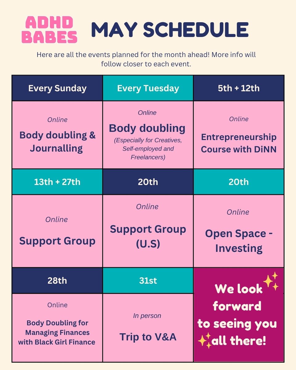 adhdbabes's tweet photo. Our May schedule! As always lots to get involved in this month 💫

#adultadhd #neurodiversity #adhdawareness #blackwomen #blackmindsmatter #blacknonbinary #blackwomenwithadhd #adhdsupportgroup #blacknonbinarywithadhd https://t.co/5VVk0VaPzU