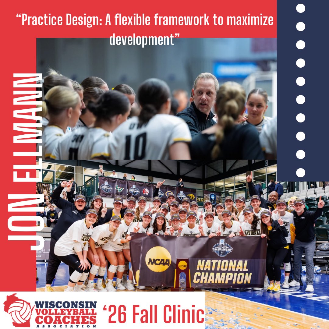 WisVCA's tweet photo. 🚨 Speaker Spotlight! 🚨
National Champion coach Jon Ellmann is coming to the WVCA Clinic! 🏆🏐 Learn the practice design framework that led @UWOshkoshVB to the 2025 title.
🗓️ Aug 1, 2026
📍 Sun Prairie, WI
🔗 Register: https://t.co/uRaWMIIxjk
Don’t miss out! https://t.co/S5BQuTRwT4