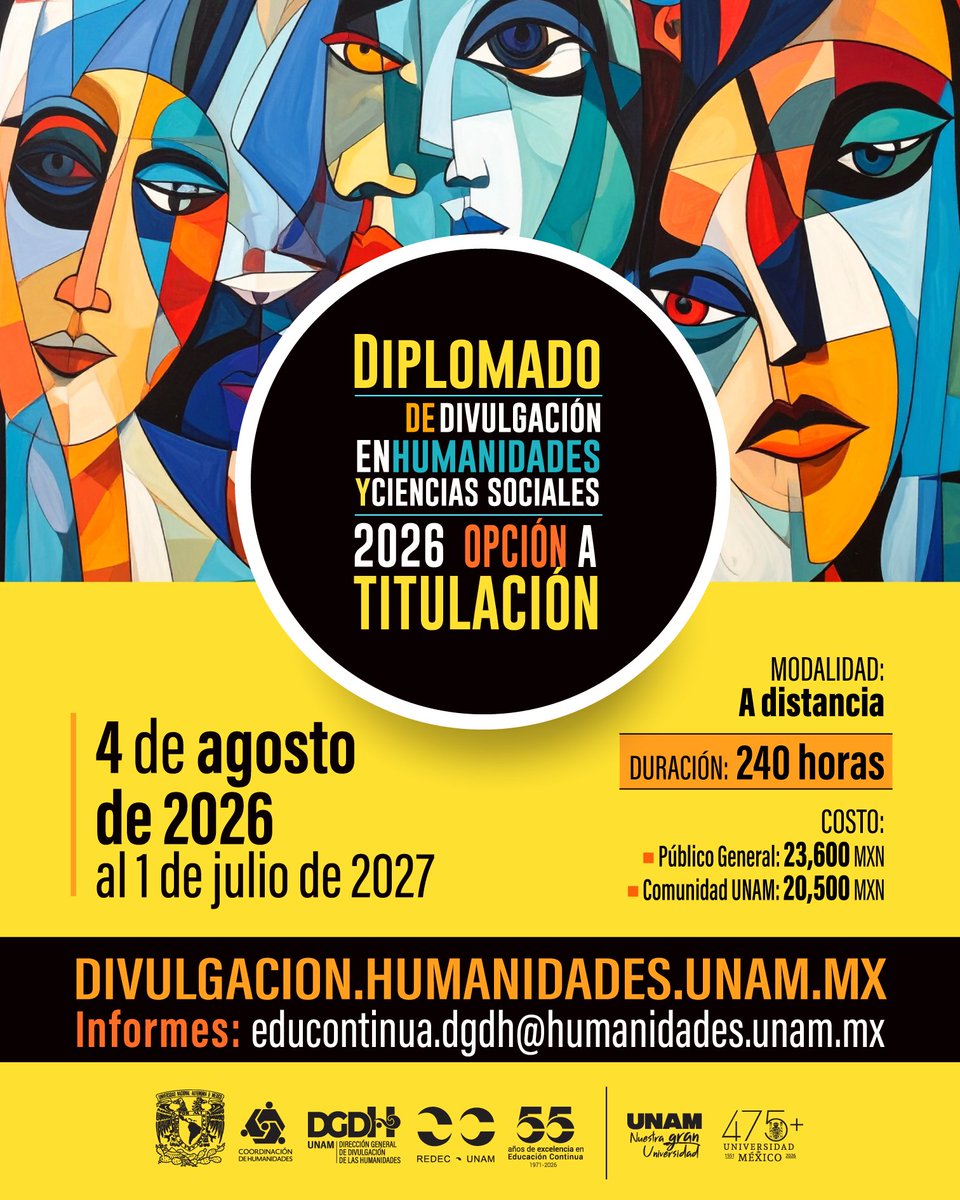 DGDH_UNAM's tweet photo. 👥 Te invitamos a formar parte de la siguiente generación de nuestro Diplomado en Divulgación en Humanidades y Ciencias Sociales.
💻 Modalidad a distancia.
🗓️ ¡Empezamos el 4 de agosto!
⌛ 240 horas.
Informes: educontinua.dgdh@humanidades.unam.mx
Registro: https://t.co/cfthHl21RX https://t.co/R041AJ5B8i