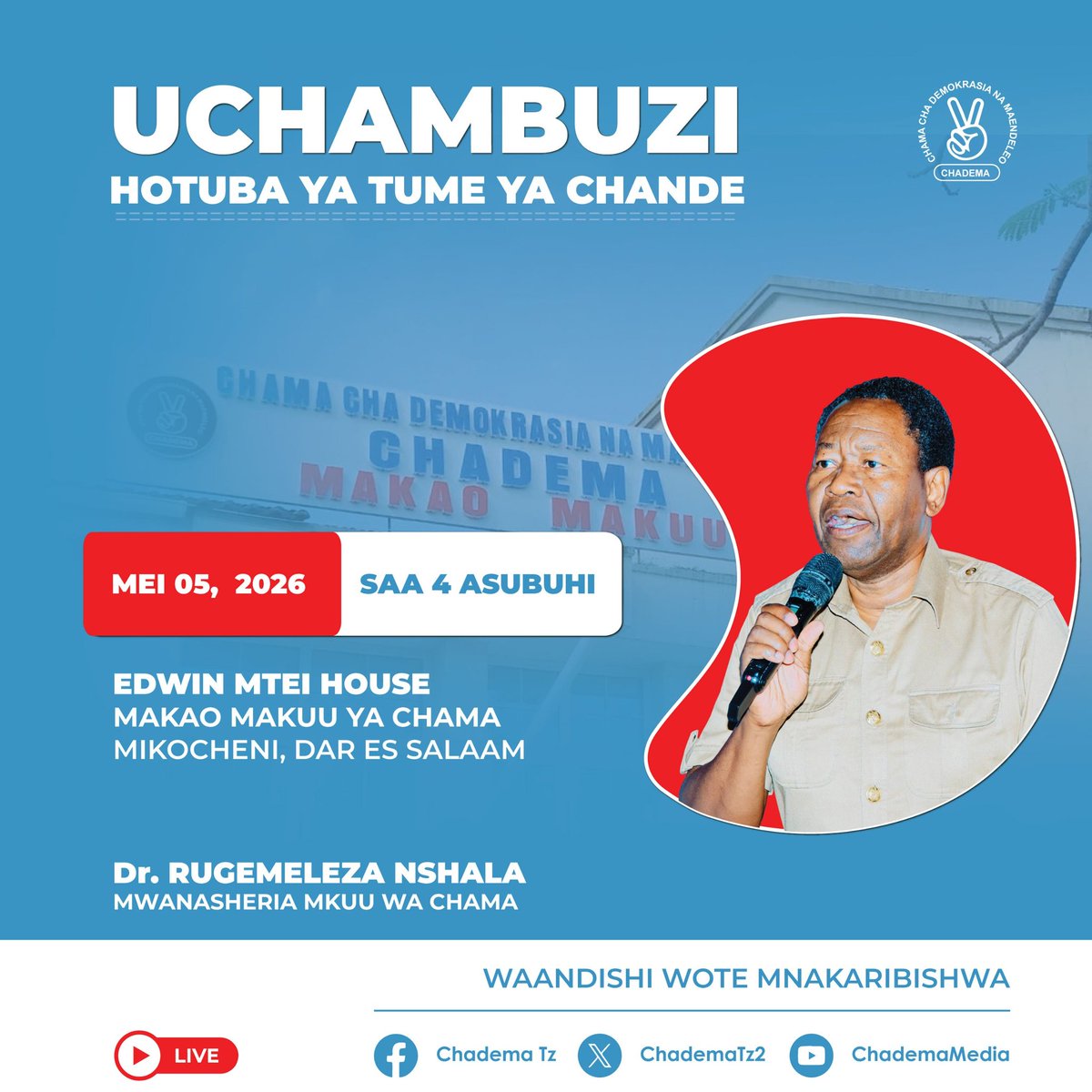 Victor_Politics's tweet photo. Makamanda people's 
Kesho tarehe 05.05.2026 Mwanasheria Mkuu wa CHADEMA Wakili msomi, Dr. Rugemeleza Nshala atafanyia uchambuzi taarifa ya tume ya Chande.
Wanachama wote tunatakiwa kufika kwa wingi Makao Makuu ya CHADEMA ( EDWIN MTEI HOUSE) Mikocheni.
Muda ni saa nne Asubuhi.. https://t.co/BYxMHfYpCp