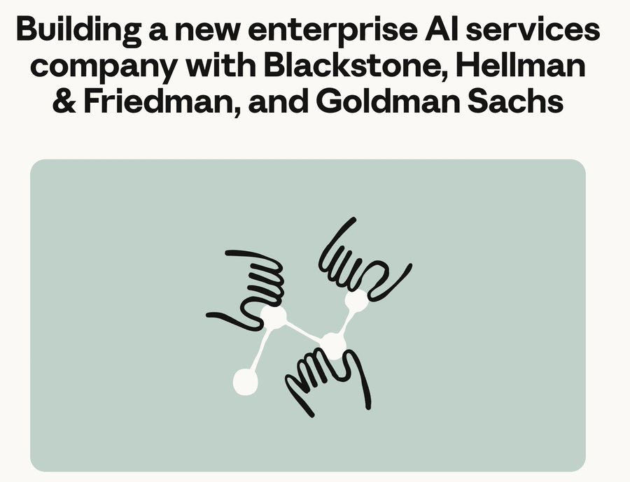 MilkRoadAI's tweet photo. The most important AI story today isn't a new model but rather it's two massive bets on who controls how AI gets used (Save this).

OpenAI and Anthropic have both concluded, simultaneously, that the bottleneck in AI is no longer capability, it's deployment.

The models are good enough but the problem is that most companies can't actually install them inside their businesses.

They don't have the teams, data pipelines, security architecture or operating discipline to take a frontier model and make it affect revenue.

Both companies have now placed an identical bet on how to close it, use private equity as their distribution engine.

OpenAI finalized its joint venture today officially called The Deployment Company backed by 19 investors including TPG, Brookfield, Bain Capital, SoftBank, and Dragoneer.

The PE partners collectively touch over 2,000 portfolio companies and clients, turning AI enterprise selling from a one company at a time pitch into a routed distribution network across thousands of businesses simultaneously.

Hours later, Anthropic announced its own version, a $1.5 billion joint venture with Blackstone, Hellman & Friedman, Goldman Sachs, and General Atlantic.

But Anthropic's structure is different in one critical way rather than a financing vehicle with an AI partner, this is a standalone operating company with Anthropic engineers embedded directly inside it.

The execution philosophies reveal two different theories of the market.

OpenAI's is a volume play, pull as many PE portfolios as possible into a captive distribution channel as fast as possible while Anthropic's is a credibility play, a smaller number of deeply prestigious financial institutions whose imprimatur sells Claude to the rest of the market, with embedded engineers who can continuously evolve implementations as the model itself changes every few weeks.

The implications for traditional consulting are severe.

McKinsey, Deloitte, Accenture, and BCG have collectively built $300 billion in annual revenues selling exactly this service.

What OpenAI and Anthropic are building is that same function without the middleman margin, without the slow sales cycle, and with the actual model developers sitting in the room and no consulting firm appears on either cap table.

The next AI race isn't about benchmarks but it's about who industrializes deployment fastest and embeds so deeply into real business workflows that switching becomes unthinkable.