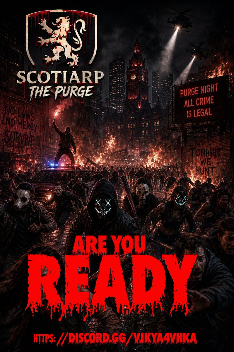 BuFuDeeKay's tweet photo. For one night… even in ScotiaRP, the rules don’t apply. 

Sirens fall silent. Laws are gone. Chaos takes over.

Masked killers roam. Civilians run. Trust no one.

Survive… or become the hunter.

🩸 The Purge — ScotiaRP 🩸
#ScotiaRP #ThePurge #FiveM #RPEvents #SurviveTheNight https://t.co/MZN9jg2WZY