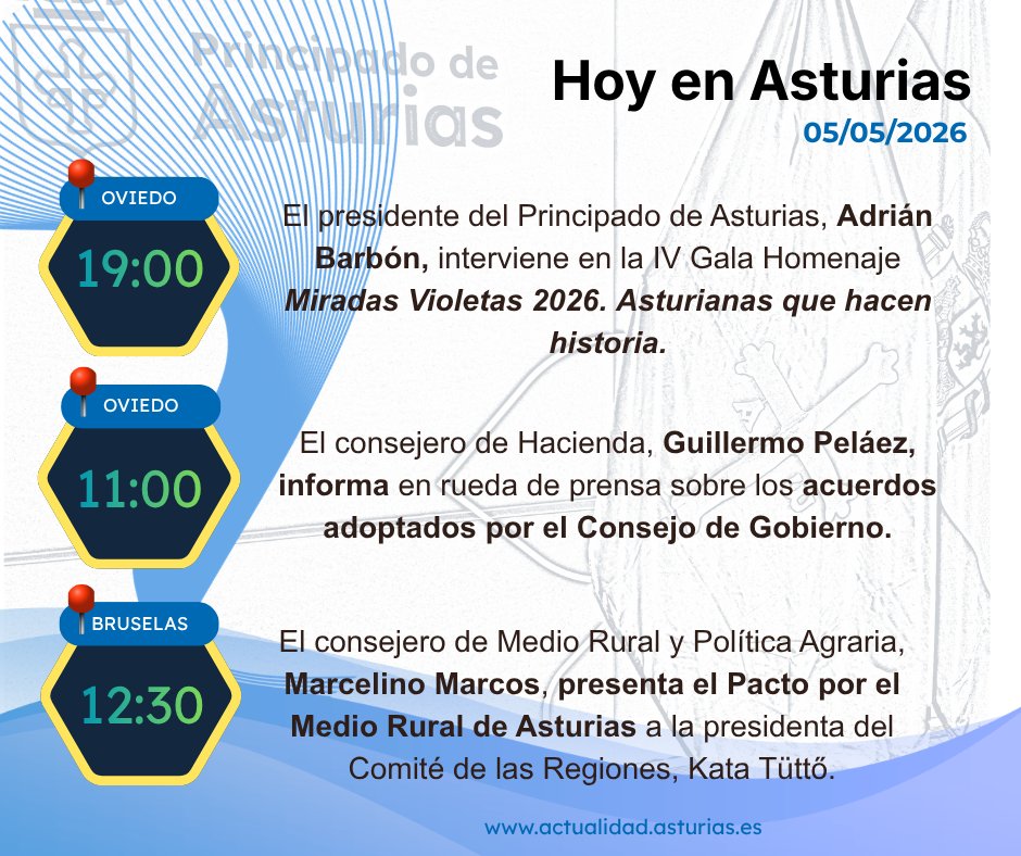 GobAsturias's tweet photo. 📆Hoy en #Asturias // Agenda del Gobierno 
💜Homenaje a las #Mujeres que hacen historia 
🏛️Rendición de cuentas  
🌳Apoyo al #MedioRural
ℹ️https://t.co/4d98kKJRFe https://t.co/cm6VFRbaOW