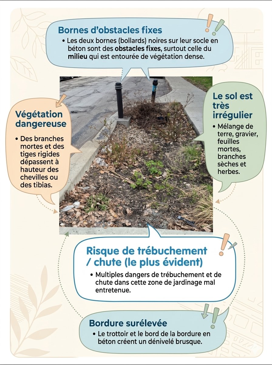 RueMolson's tweet image. Lorsque je demande à l'#IA d'analyser une simple photo et de transcrire les problèmes de sécurité visibles sur une affiche. La réalité des dangers que la ville a mis en place avec ces saillies de trottoirs surdimensionnés. 🧐😯😠#Montréal #honteux #polmtl