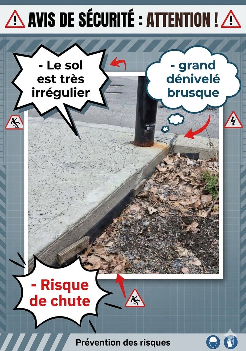 RueMolson's tweet image. Lorsque je demande à l'#IA d'analyser une simple photo et de transcrire les problèmes de sécurité visibles sur une affiche. La réalité des dangers que la ville a mis en place avec ces saillies de trottoirs surdimensionnés. 🧐😯😠#Montréal #honteux #polmtl