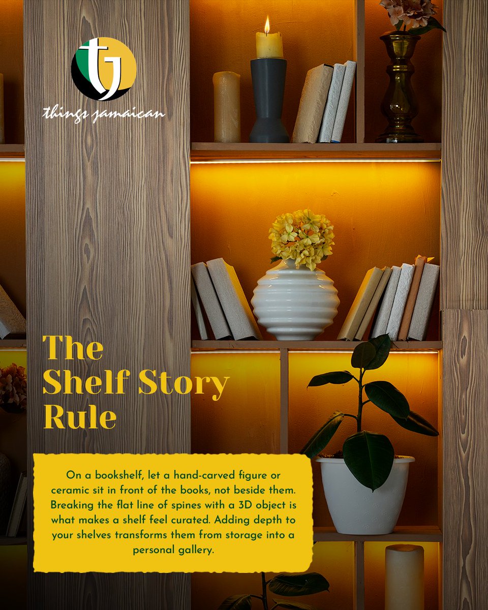 Make your bookshelf pop with the Shelf Story Rule: place a hand-carved Jamaican figure or ceramic in front of your books. Instantly, your shelf gains depth and becomes a gallery of local artistry. Discover authentic décor at Things Jamaican. #ThingsJamaican #TJTribe