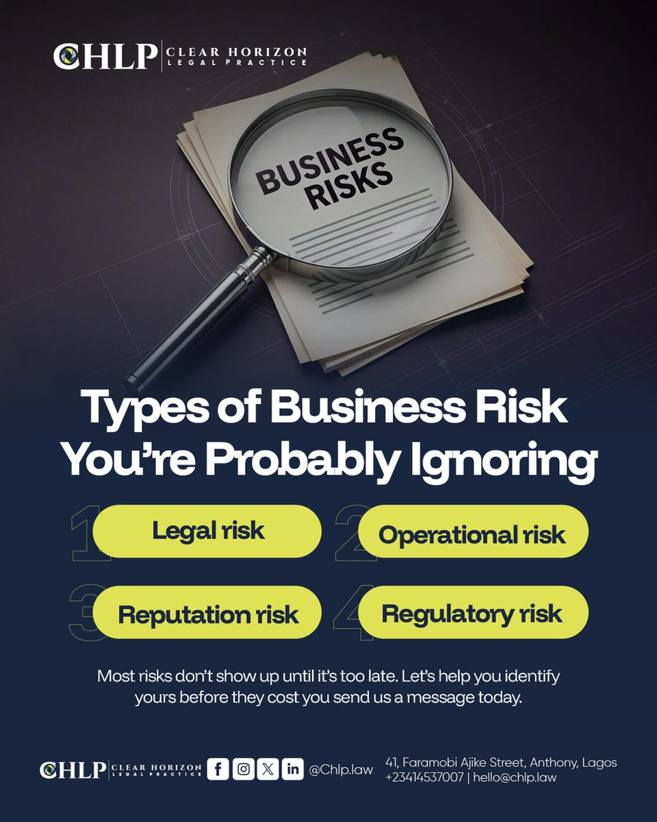 CHLP_Law's tweet image. Most business risks don’t show up until it’s too late. 

Are you keeping an eye on your:
• Legal risk?
• Operational risk?
• Reputation risk?
• Regulatory risk?

Stay ahead of the curve with Clear Horizon Legal Practice. 💡
#businessgrowth #legaladvice #riskmanagement