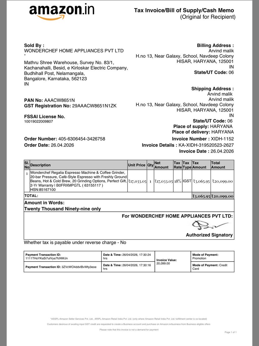 ArvindMalik93's tweet image. @Wonderchef @amazonIN I purchased the Wonderchef Regalia Espresso Machine (Order No: 405-6306454-3426758),but the product I received is defective and not working.Please arrange a replacement at the earliest. Invoice and proof are available.#CustomerSupport #ReplacementRequest