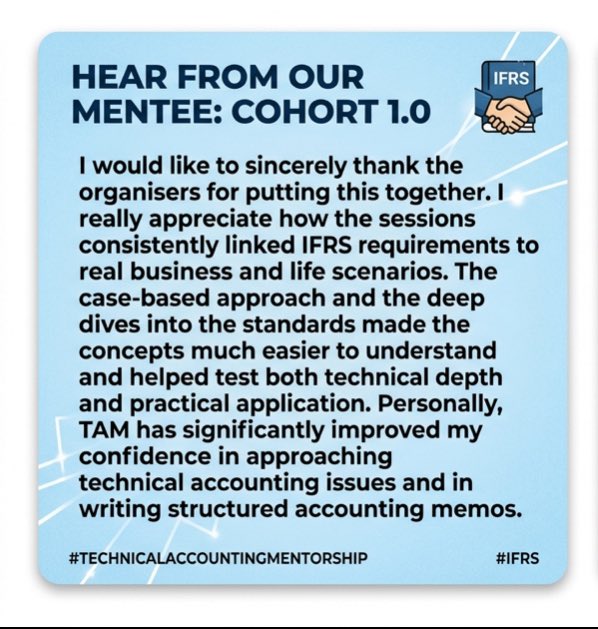 Technical Accounting Mentorship (TAM) 2.0 🚀

The trial run was a success with 70 Mentees out of over 1000 applications selected.

I am opening applications for the second cohort of my Technical Accounting Mentorship. This session is designed for auditors, accounting consultants,