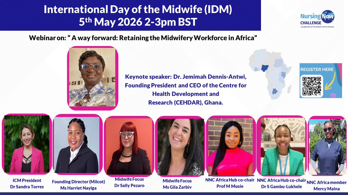 AfricanHub_NNCC's tweet photo. Good day all, #IDM2026 is tomorrow! 

Don't miss the virtual event International Day of Midwife, hosted by NNC Africa. The theme of the webinar is "A way forward: Retaining the Midwifery workforce in Africa" webinar on 5th of May 2026, 2-3 pm BST. To register, scan the QR code: https://t.co/SzMya1veGV