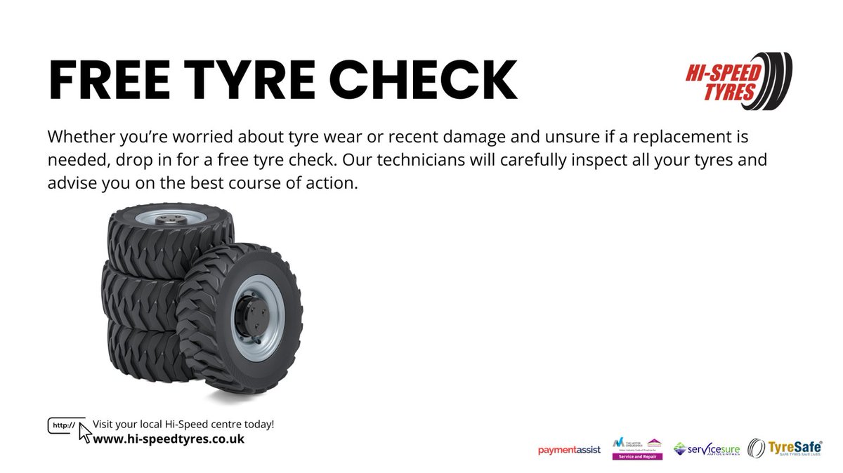 HiSpeedTyresSW's tweet photo. Concerned about your #tyres? 👀 They’re your only contact with the road, so keeping them in top condition matters 🛞 Visit your local #Hi-SpeedTyres for a FREE safety check 👍 

Find out more: https://t.co/GZh9oXkNxH https://t.co/cGSMzm7WYX