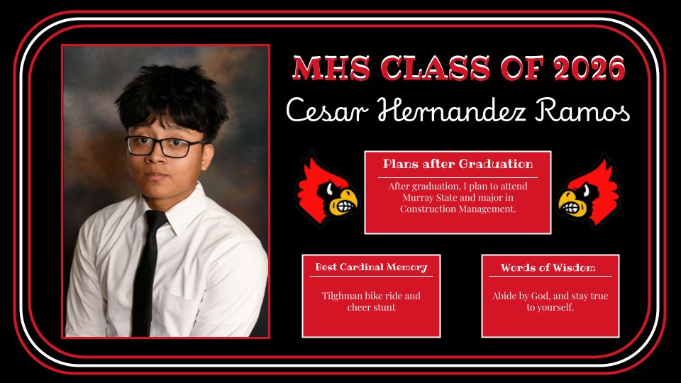 MHSCards1's tweet photo. Celebrating the achievements, memories, and contributions of the Mayfield High School Class of 2026!

2026 Cardinals Senior Spotlight!
🎓Cesar Hernandez Ramos
🎓Vanessa Hernandez Xepuxtian
🎓Micaela Perez Raymundo https://t.co/ILBacPlFnS