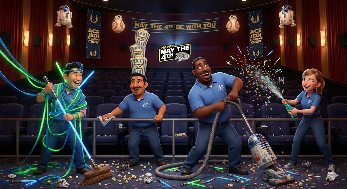 ACS_Enterprises's tweet photo. 🌌 May the 4th be with our incredible crew!
Our janitors are the real masters of the cleanup, battling spills and popcorn dust at lightspeed. 🧹💫

Happy Star Wars Day from the galaxy’s finest cleaning force! 🚀✨

#MayThe4thBeWithYou #StarWarsDay #ACSEnterprises #CinemaUnited #WeCareAboutYourCinemas