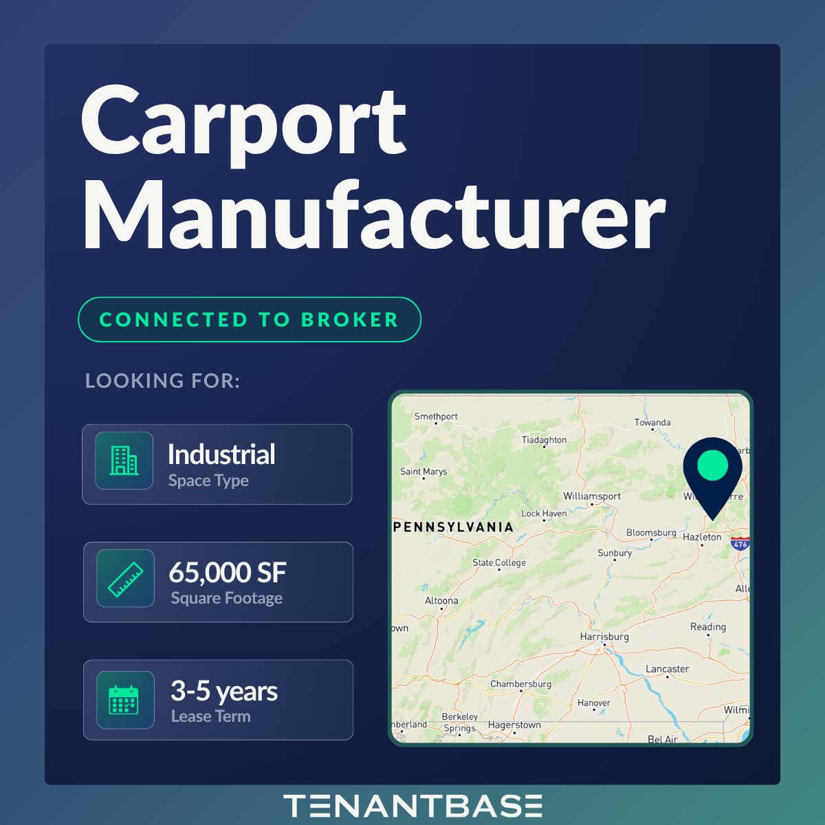 TenantBase's tweet image. Connected 🚗

A carport manufacturer is now matched with a TenantBase partner broker in Wilkes-Barre, PA.

65,000 SF | Industrial | 3–5 year lease

Find industrial space in PA → hubs.ly/Q04fjW380

#TenantBase #CRE #PennsylvaniaCRE #IndustrialSpace #WilkesbarreCRE