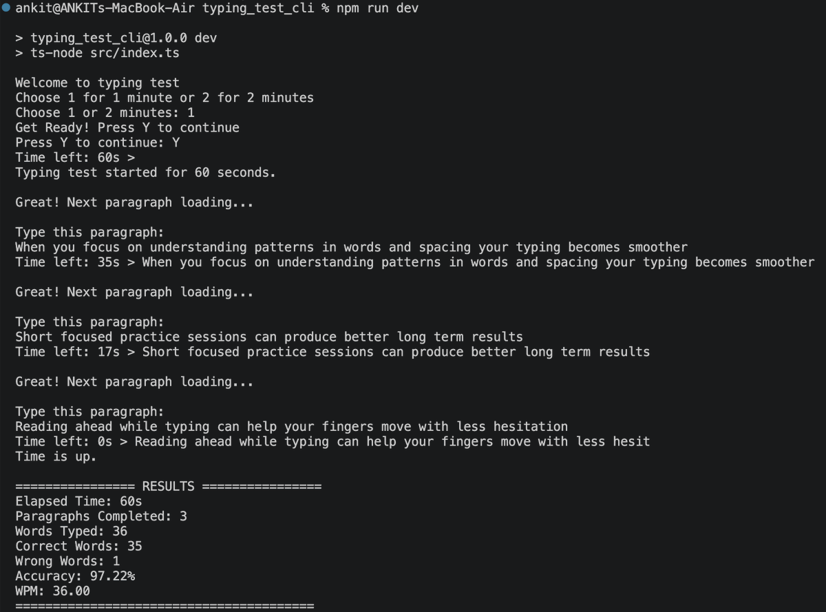 Ankit23_exe's tweet image. DAY 3/5 ✅
Built a Typing Test CLI in TypeScript.

Terminal only. No UI frameworks.
→ Randomized paragraphs
→ Live countdown
→ WPM &amp;amp; accuracy
Once it's console.log'd - it's there forever.
 Designed the whole flow around that.

Repo in replies 👇
#TypeScript #CLI #5DaySeries