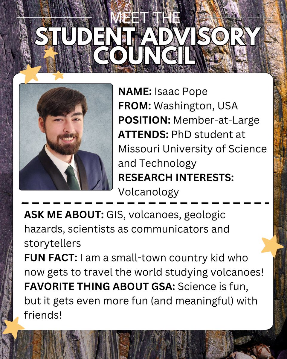 GSA_SAC's tweet photo. Meet Isaac Pope!

Member-at-Large of the @GSA_SAC and a PhD student at Missouri University of Science and Technology, where he focuses on Volcanology.
 Why he loves GSA: Science is fun, but it gets even more fun (and meaningful) with friends! https://t.co/aMkfGKGiCq