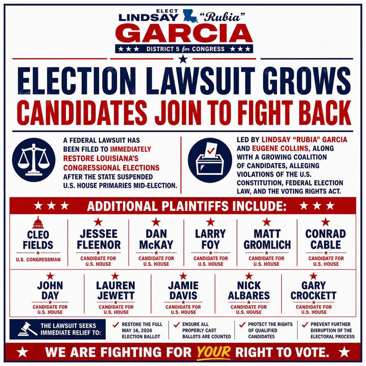 Conrad4Congress's tweet photo. The election was already underway. Ballots were already cast.
I've joined the federal lawsuit to restore Louisiana's U.S. House primaries. You don't get to cancel an election in progress.
Every vote counts. We're fighting back. 🗳️ #GEAUXvote #Conrad4Congress #ProtectDemocracy https://t.co/l1GczxqUIP