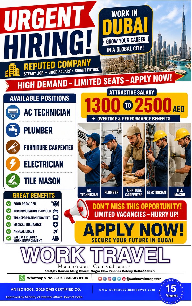 worktravelagent's tweet photo. 🚨 URGENT JOB OPENINGS – DUBAI (UAE) 🇦🇪

Multiple vacancies in reputed maintenance company 🔧

💼 Free Food + Accommodation 🏠
🚐 Transportation Provided
⏱️ Overtime Available
🎥 Online Interview

👉 Limited slots – Apply fast!

📩 DM / WhatsApp Now

085954 74106 +919319327726 https://t.co/q1n5lWIfj5
