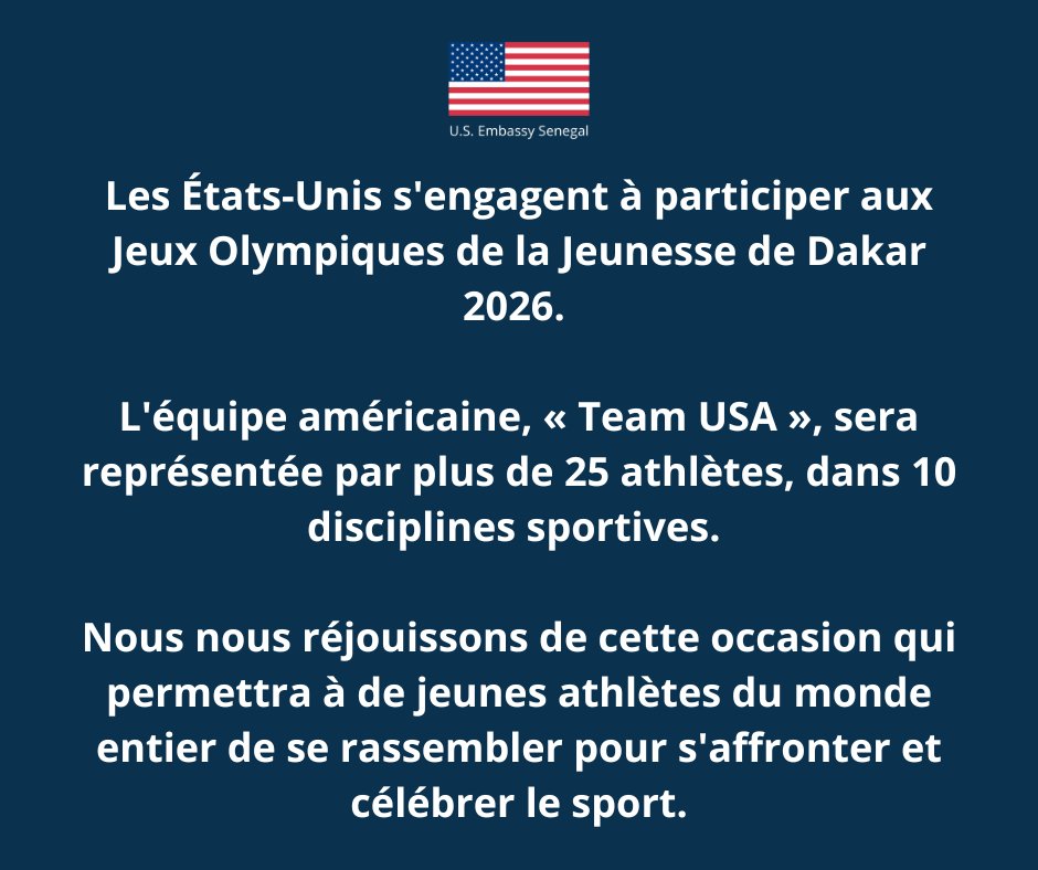 À un peu moins de 6 mois de la cérémonie d'ouverture, l'Ambassade des États-Unis au Sénégal a hâte de supporter la délégation américaine qui viendra à Dakar pour ces Jeux Olympiques de la Jeunesse — le tout premier événement sportif olympique de l'histoire sur le continent