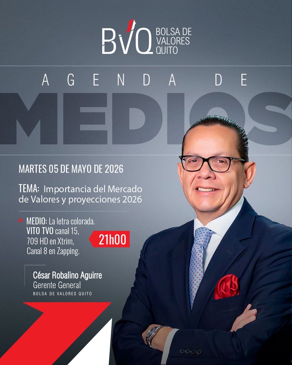 valoresbvq's tweet photo. 🎙️ ¡Nos vemos en La Letra Colorada!

Desde la Bolsa de Valores Quito, la Bolsa del Ecuador 🇪🇨, estaremos presentes en este espacio de análisis para conversar sobre un tema clave: La importancia del Mercado de Valores y sus proyecciones para 2026. https://t.co/vhF9c5N6i9