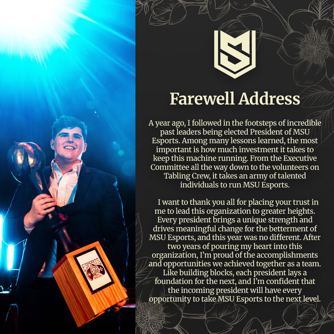 Esports_MSU's tweet photo. Smile as we wave a final goodbye from our current president, Benjamin Maier, as the semester comes to close. Thank you Ben for all the hard work you've done over the past school year!
#JustBetter | #HailState https://t.co/ruvJPwcv7G