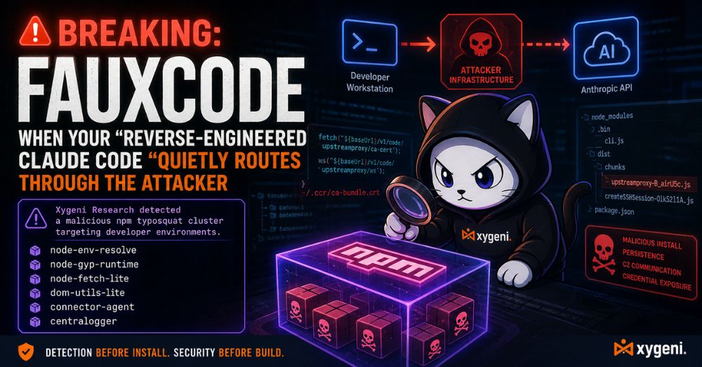 xygeni's tweet photo. #ClaudeCode npm clones that worked while quietly proxying developer API traffic.

@xygeni Research found #FauxCode: “reverse-engineered Claude Code” packages using CA bundles, WebSocket relays, and ANTHROPIC_BASE_URL rewrites.

https://t.co/ScVEnv6roz

#AppSec #AISecurity https://t.co/Klovqg5I1c