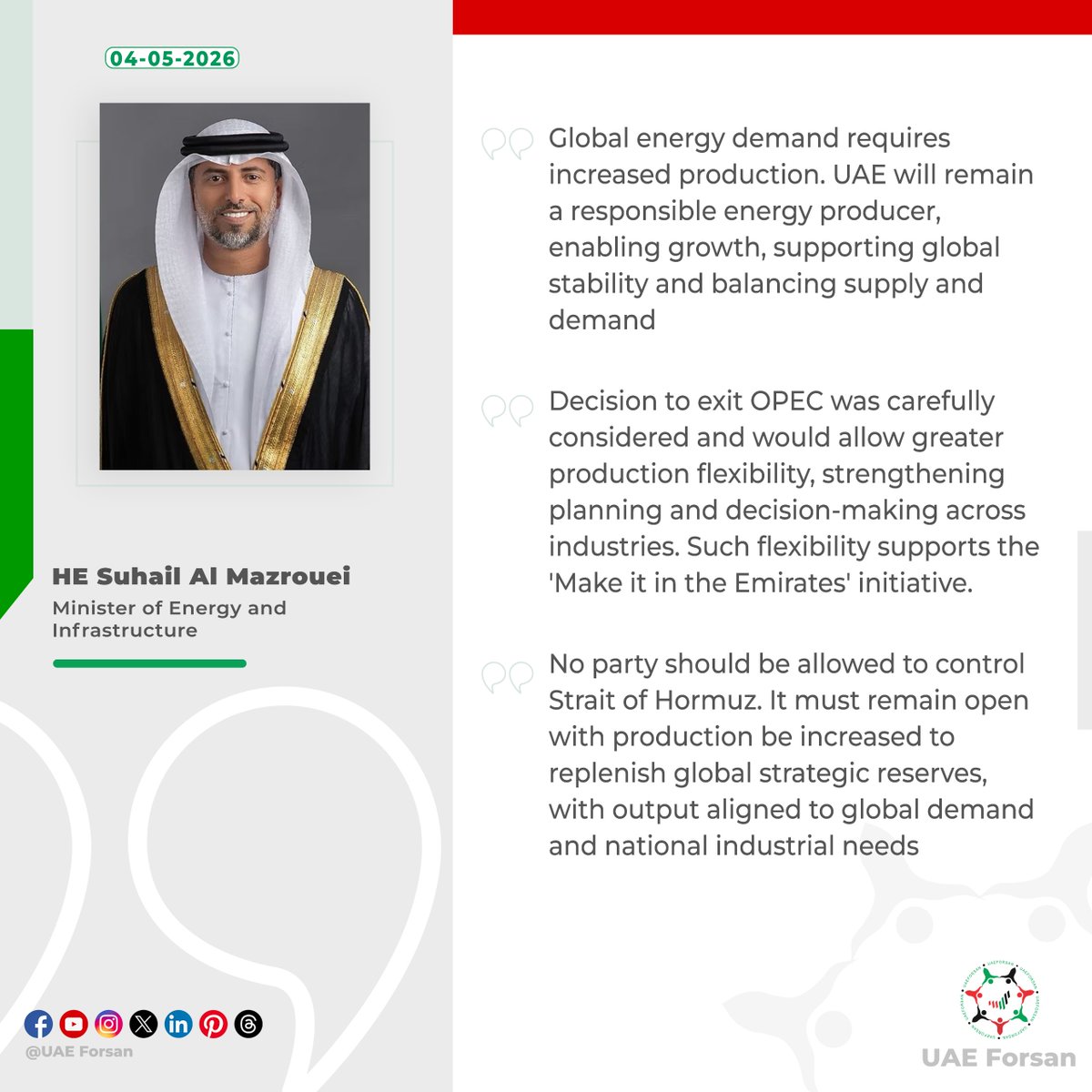 UAE_Forsan's tweet photo. Top remarks of HE Suhail Al Mazrouei, Minister of Energy and Infrastructure, during the 5th edition of “Make it in the Emirates”
#UAE #AbuDhabi #MakeItInTheEmirates #miite #اصنع_في_الإمارات
@MoIATUAE
@MIITEUAE
@HESuhail https://t.co/A4OJXrSzSn