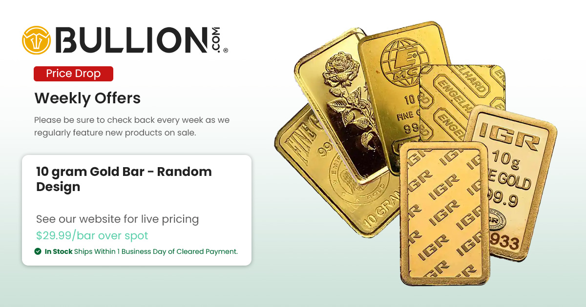 BullionCom's tweet image. New Weekly Find!

This week, get random design 10 gram gold bars for only $29.99/bar over spot!

Shop this find at bit.ly/4vZTX1E

There is a limited supply available at this price, so don't wait! Buy from Bullion .com today.

#gold #bullion #sale