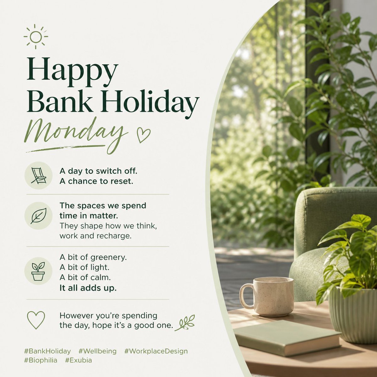 exubialtd's tweet image. A bit of greenery.
A bit of light.
A bit of calm.

It all adds up.

Enjoy the day.

#BankHoliday #Wellbeing #Biophilia #Workspace #Design #Exubia